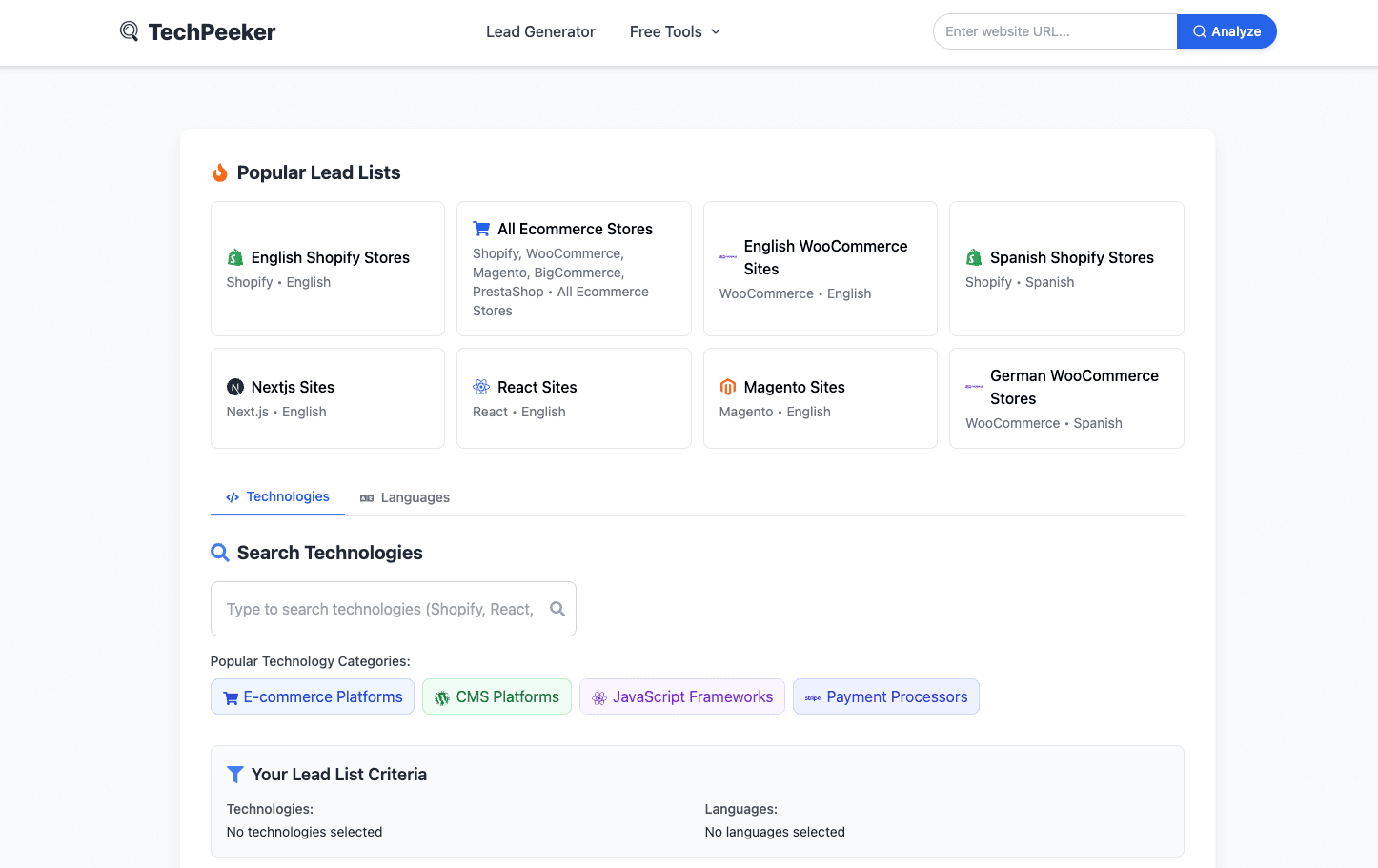 Techpeeker technology detection and lead generation
